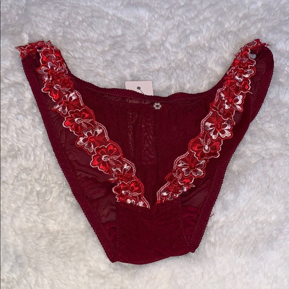 Red bikini panty with red and pink lace